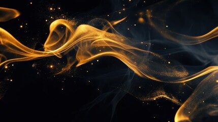 Ethereal golden smoke on dark background creates a mesmerizing and luxurious abstract design with subtle shimmering particles and flowing energy