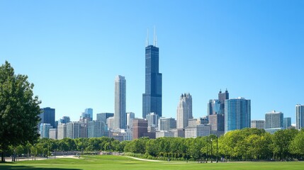 Obraz premium Chicago skyline view from a park. Green parkland stretches before a bustling city skyline, dominated by a towering skyscraper. Clear blue sky overhead