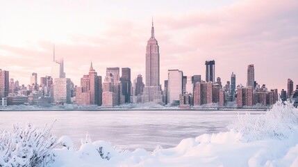 Winter wonderland cityscape. Frozen river, snow-covered landscape, and a city skyline in a soft pastel palette