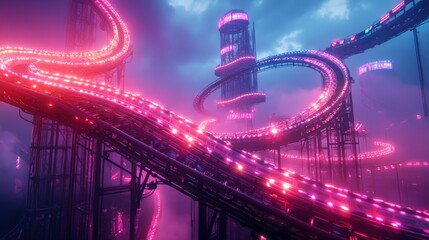 Obraz premium Modern amusement park with vibrant neon roller coaster in a futuristic landscape during twilight