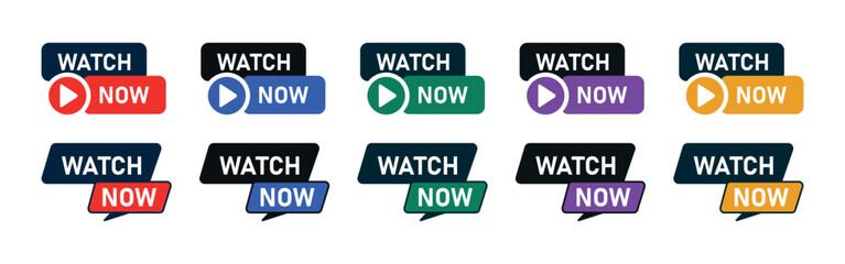 Colorful Watch Now Buttons Set for Streaming, Video Play Interface Elements, Modern Media Call to Action Badges, Flat Vector UI Kit for Online Platform or Web App Design