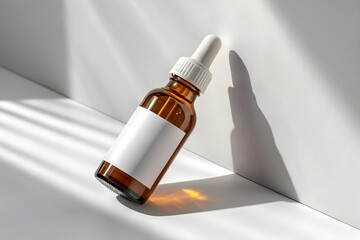Minimalistic Brown Glass Bottle with White Label for Skincare Products on Neutral Background, Ideal for Wellness and Cosmetic Advertising Mockup