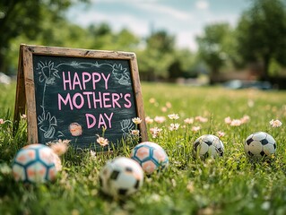 Mother’s Day Celebration for Soccer Moms with Chalkboard and Soccer Balls on Grass