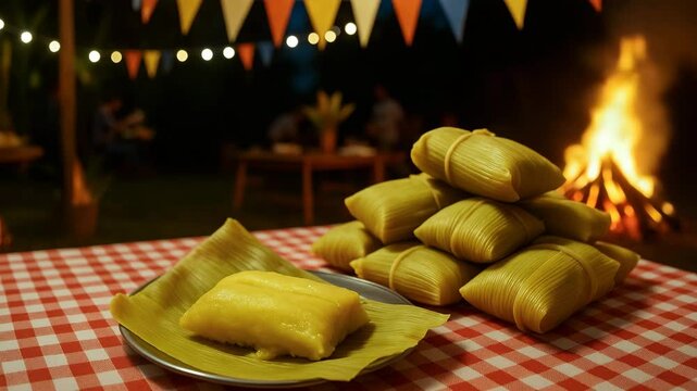 Pamonha em mesa decorada com tema junino, fogueira e bandeirinhas ao fundo, festa tradicional brasileira
