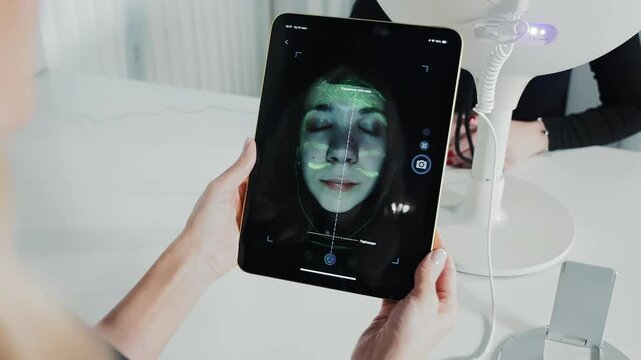 Digital skin analysis on tablet during facial diagnostics session, woman's face scanned with UV light to reveal skin condition and structure in cosmetic clinic