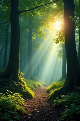 Obraz premium Sunlight dapples forest floor, mist hangs low , shadow, wilderness