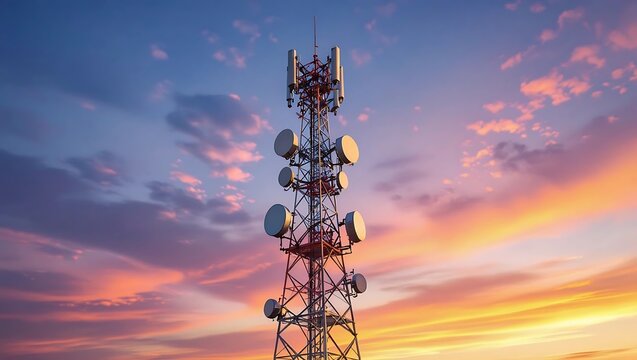 Telecommunication tower with antennas against a colorful sunset sky with clouds view