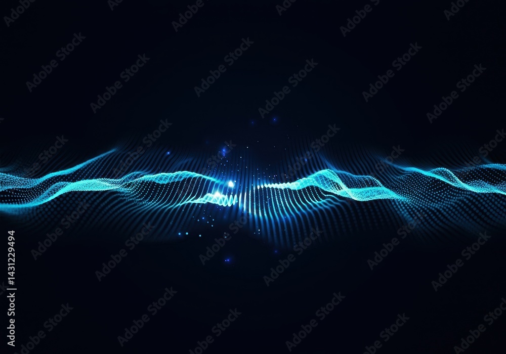 Poster abstract blue waveform pattern glows against a dark background with light