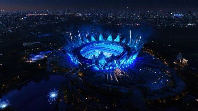 Night stadium illuminated, city backdrop