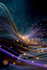 Digital artwork visualizing network traffic growth with ascending waves of blue and purple neon lines yellow sparks and floating particles on dark futuristic background
