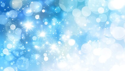 Festive blue and white bokeh background with sparkling highlights