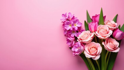 Bright pink background showcases a lush bouquet of spring flowers, including roses and hyacinths , pink, spring, nature