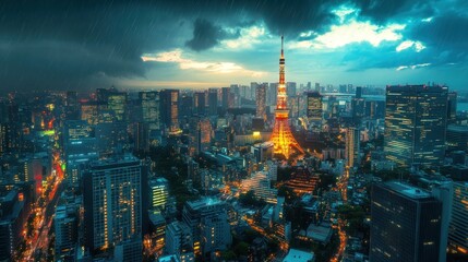 Naklejka premium Tokyo cityscape at twilight, rain clouds