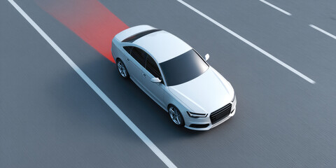 White car on a road using red radar lane detection system. The vehicle is positioned in the middle lane, indicating autonomous or driver-assist technology with a futuristic design