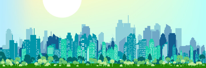 Naklejka premium Colorful city skyline. Urban panoramic silhouette. Vector horizontal banner of cityscape in paralax style.