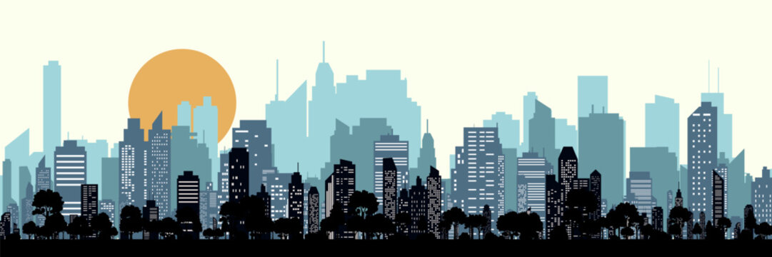 Colorful city skyline. Urban panoramic silhouette. Vector horizontal banner of cityscape in paralax style.