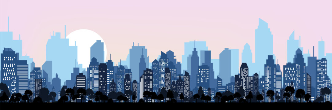 Colorful city skyline. Urban panoramic silhouette. Vector horizontal banner of cityscape in paralax style.