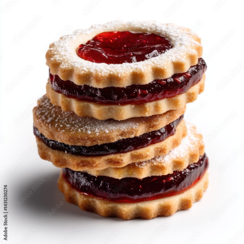 Poster stack of delicious linzer cookies with raspberry jam and powdered sugar on white background sweet tr