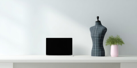 Laptop with blank screen on white desk, adjacent to a checkered dress form mannequin, alongside a pink vase with green plant, in a minimalist, modern workspace