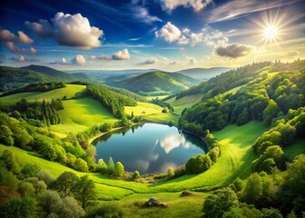Fototapeta premium Heart-Shaped Lake in Lush Green Valley: Idyllic Nature Scene Stock Photo