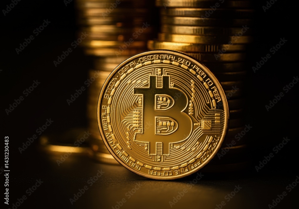 Poster golden bitcoin coin with stacked coins in the background on a dark surface