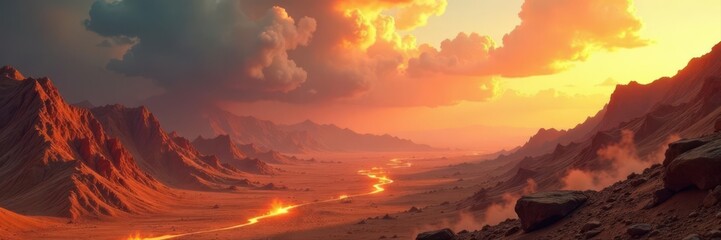 Cratered landscape, scorched earth, dust cloud rising, wild, crater