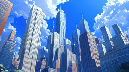 Cityscape view of tall skyscrapers on a bright sunny day.  Modern architecture, various building heights and styles, under a vibrant blue sky with fluffy clouds