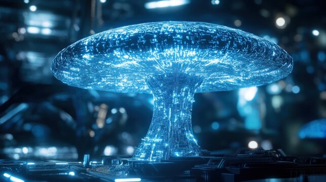 Glowing, crystalline mushroom-like structure in futuristic, tech-infused environment