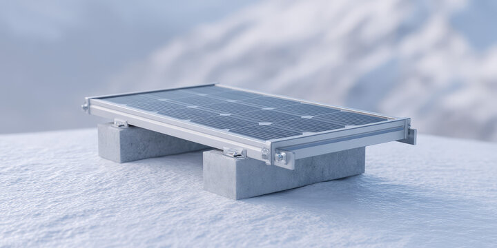 Sleek solar panel mounted on concrete blocks, resting on a snowy surface.  