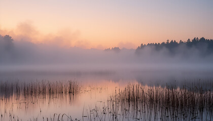 Misty Dawn: Fog and Reflections Merging Over a Tranquil Lake