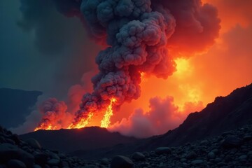 Fototapeta premium Dark, churning smoke rises from intense flames , emergency, blaze, threatening