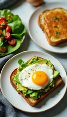 Two plates of avocado toast with egg, side salad, side dish, quick