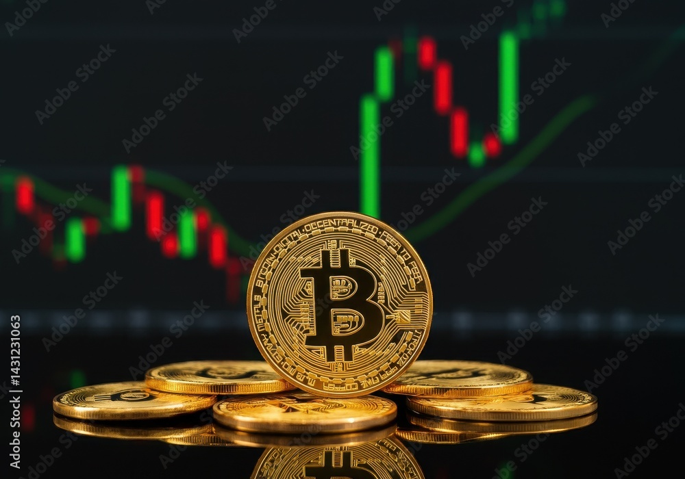 Aufkleber golden bitcoin coins with a stock chart in the background on a reflective surface