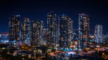 Night cityscape of illuminated high-rise buildings