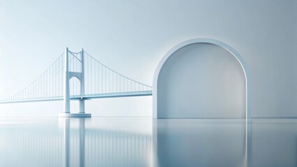 Obraz premium Serene Minimalist Scene A Modern Suspension Bridge Spans a Reflective Surface, Adjacent to an Archway, Evoking a Sense of Tranquility and Architectural Elegance