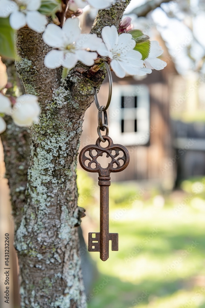 Poster antique key hanging from a blossoming tree branch in a tranquil garden setting with rustic charm and