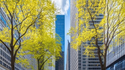 Urban Springtime in Midtown Manhattan with Blossoming Trees Framing Modern Architecture and Blue Sky Creating a Vibrant Cityscape