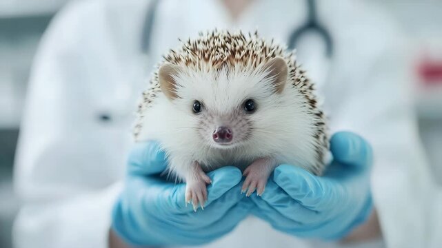 Caring for a pet hedgehog during a veterinary check-up in a clinic environment