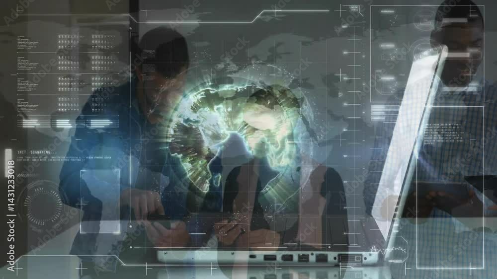 Poster tech professionals collaborating around laptop, integrating holographic globe data streams