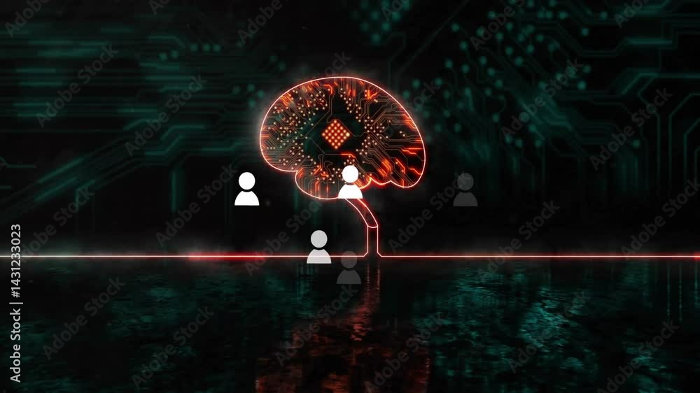 Poster glowing brain-shaped circuit board pulsing center connecting user icons on neon circuitry 3d render
