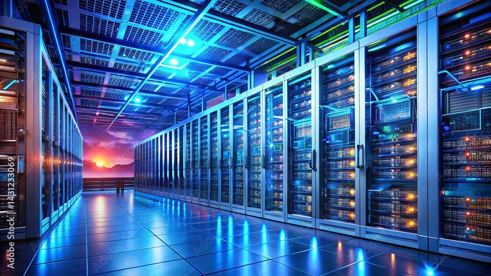 Poster isometric view of modern cloud data center servers and network infrastructure