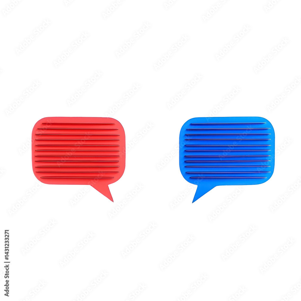 Poster two colorful speech bubbles, one red and one blue, symbolize communication and dialogue. 3d design a