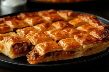 Savory meat and vegetable pie sliced on black ceramic plate, closeup view, golden crust, filling visible