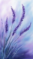 Obraz premium Serene lavender field painting in pastel hues of purple and blue evoking tranquility and peacefulness in a soft artistic style