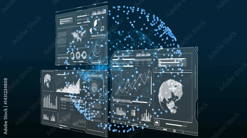 Aufkleber visualizing holographic data panels spinning within dark virtual space with glowing blue particles