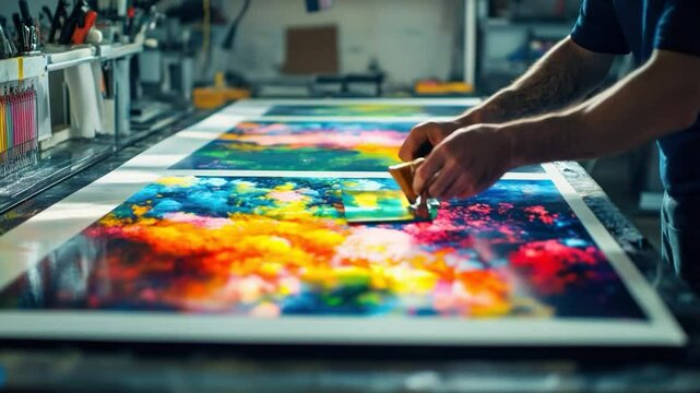Artisan applying print to large colorful artwork in print shop