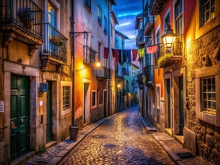 Fototapeta premium Lisbon Old Town Night Street Photography - Atmospheric Low Light Image