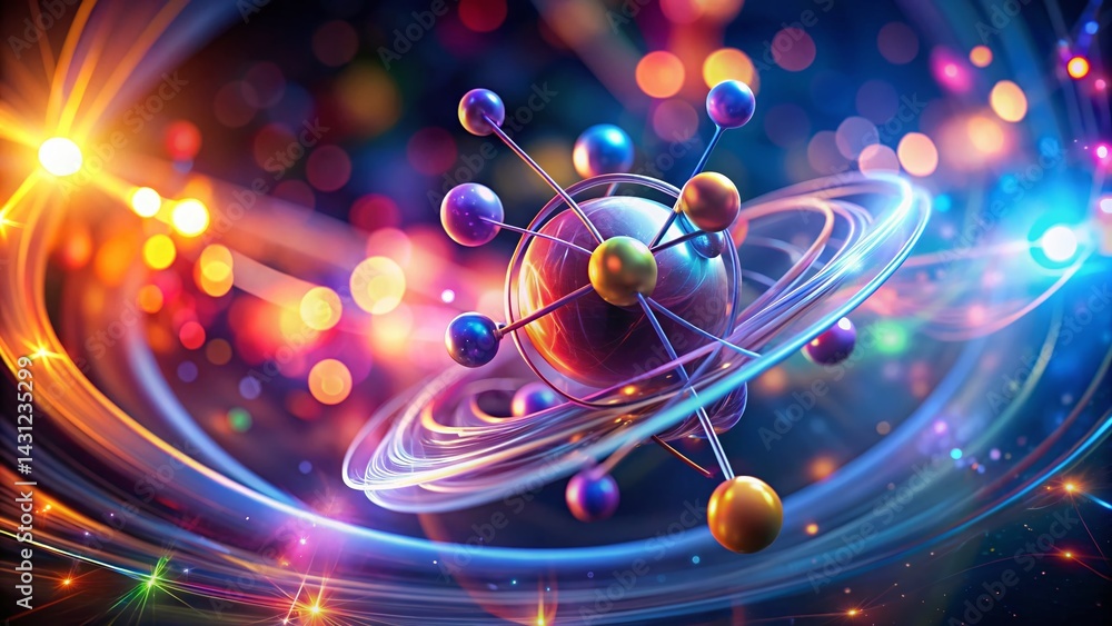 Poster long exposure 3d render of a molecular structure, abstract science background