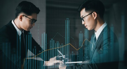 Two businessmen analyzing data, with financial chart overlaying the scene