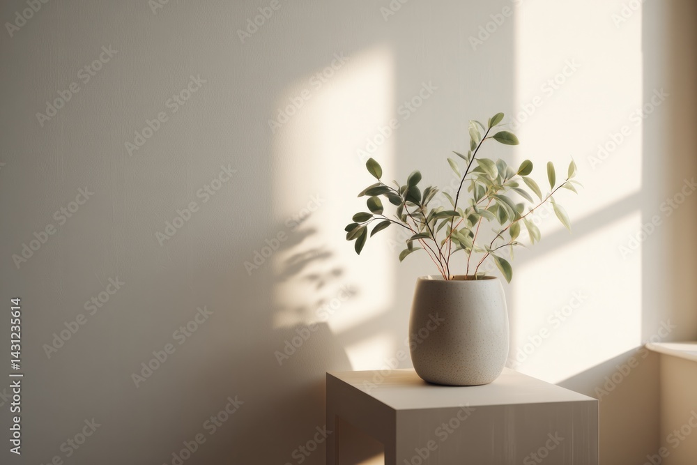 Poster show minimalist interior with potted plant on simple table emphasizing clean lines and ample copy sp